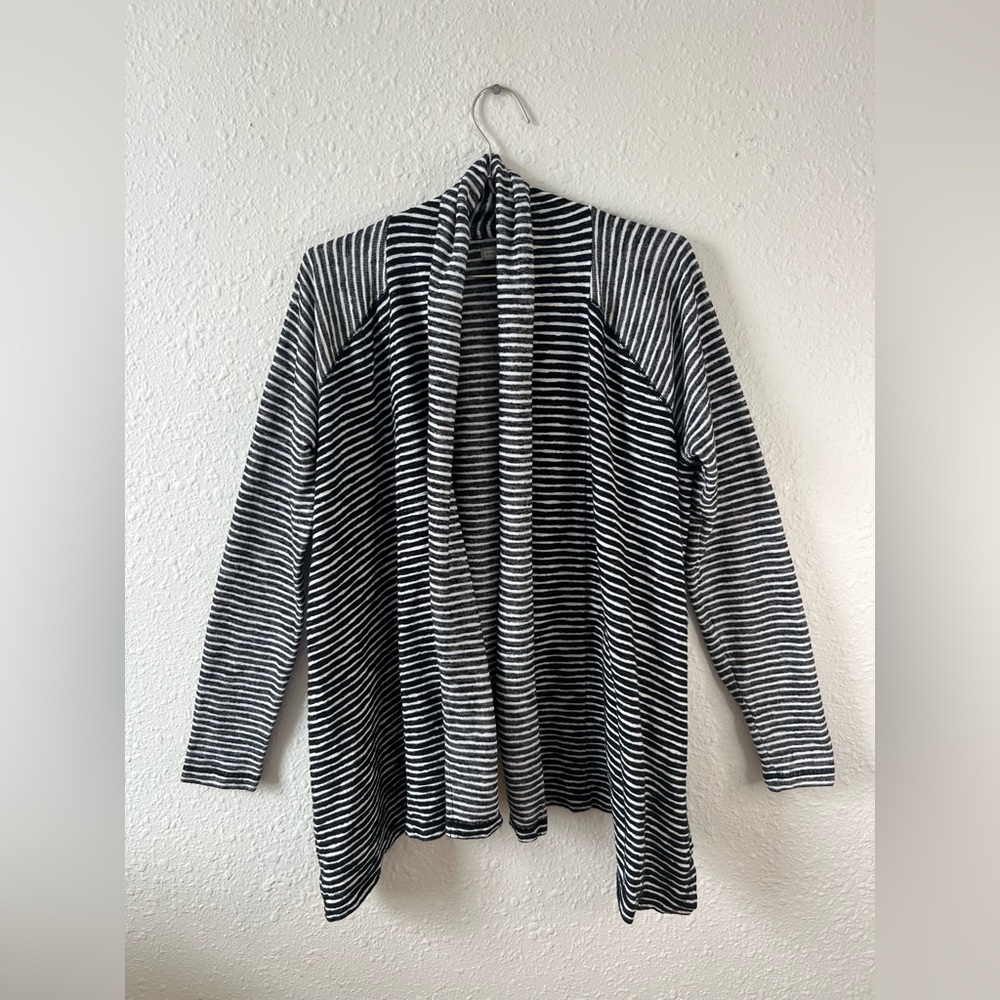 Bass Black White Striped Open Front Cardigan Cotton Size L